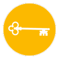 White key icon on a gold circle.