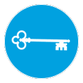 White key icon on a blue circle.
