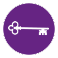 White key on a purple circle.