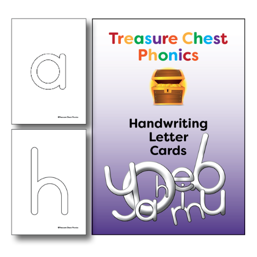 Handwriting letter cards with the letters a and h. Title: Treasure Chest Phonics.