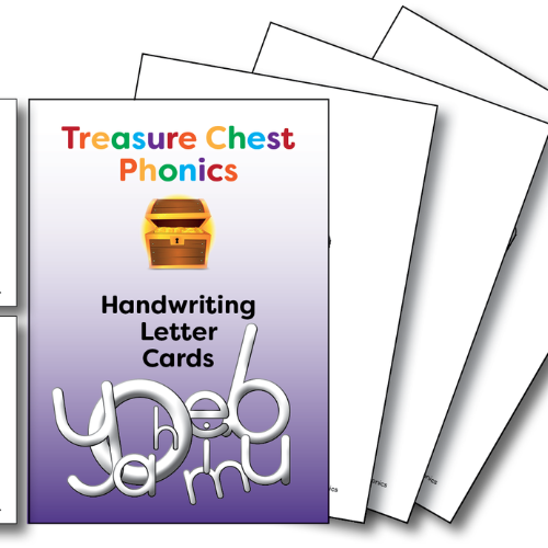 Handwriting letter cards with the letters a and h. Title: Treasure Chest Phonics.