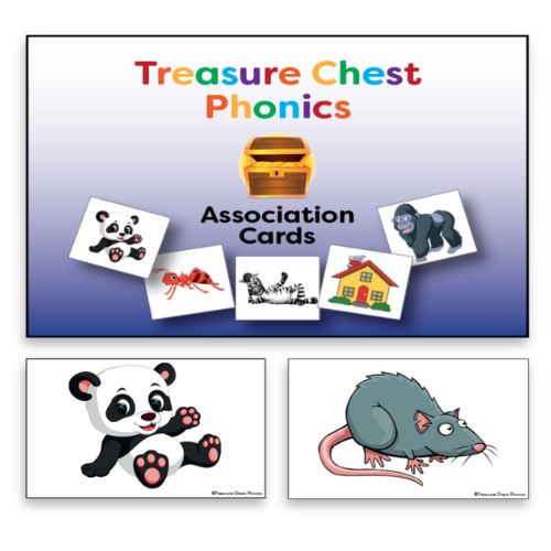 Treasure Chest Phonics association cards: panda, ant, zebra, house, gorilla. Bottom: panda & rat cards.