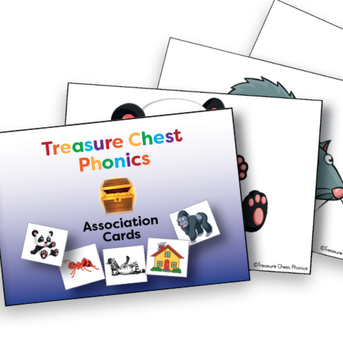 Treasure Chest Phonics association cards: panda, ant, zebra, house, gorilla. Bottom: panda & rat cards.