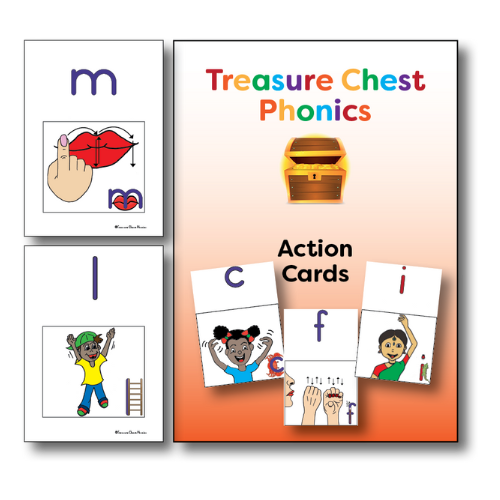 Treasure Chest Phonics Action Cards. Cards with letters, illustrations, and actions, and a cover with a treasure chest.