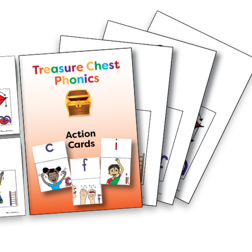Treasure Chest Phonics Action Cards. Cards with letters, illustrations, and actions, and a cover with a treasure chest.
