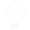 White graphic of a heart inside concentric circles, atop a base with two curved lines.