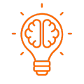 Orange lightbulb with a brain inside, radiating light, representing an idea or innovation.