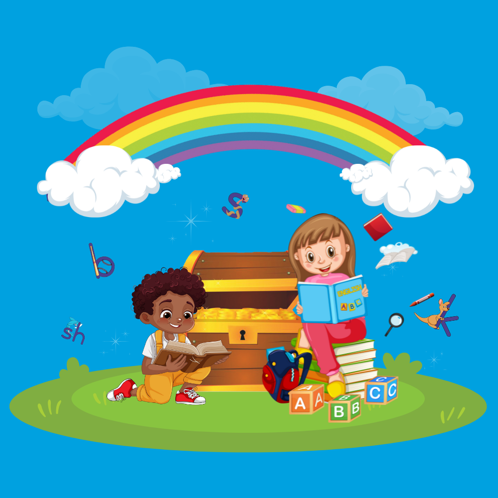 Two children reading by a treasure chest and colorful rainbow.