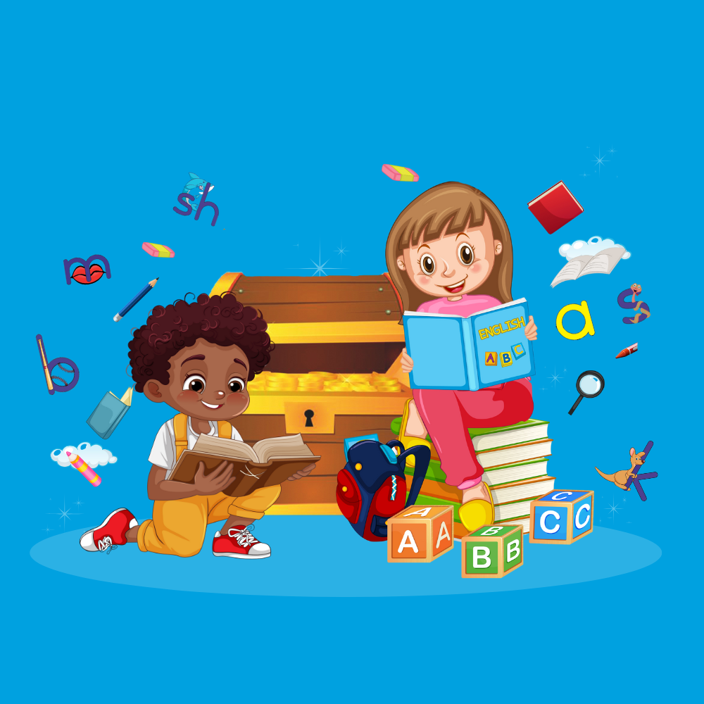 Two children reading books near a treasure chest. Blue background, alphabet blocks, and floating items.