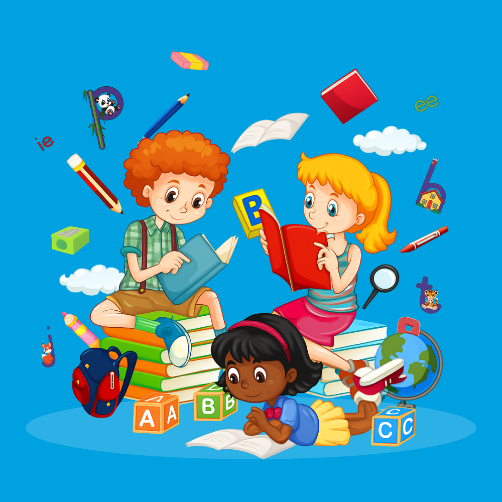 Three children reading books. Books and school supplies floating around. Blue background.