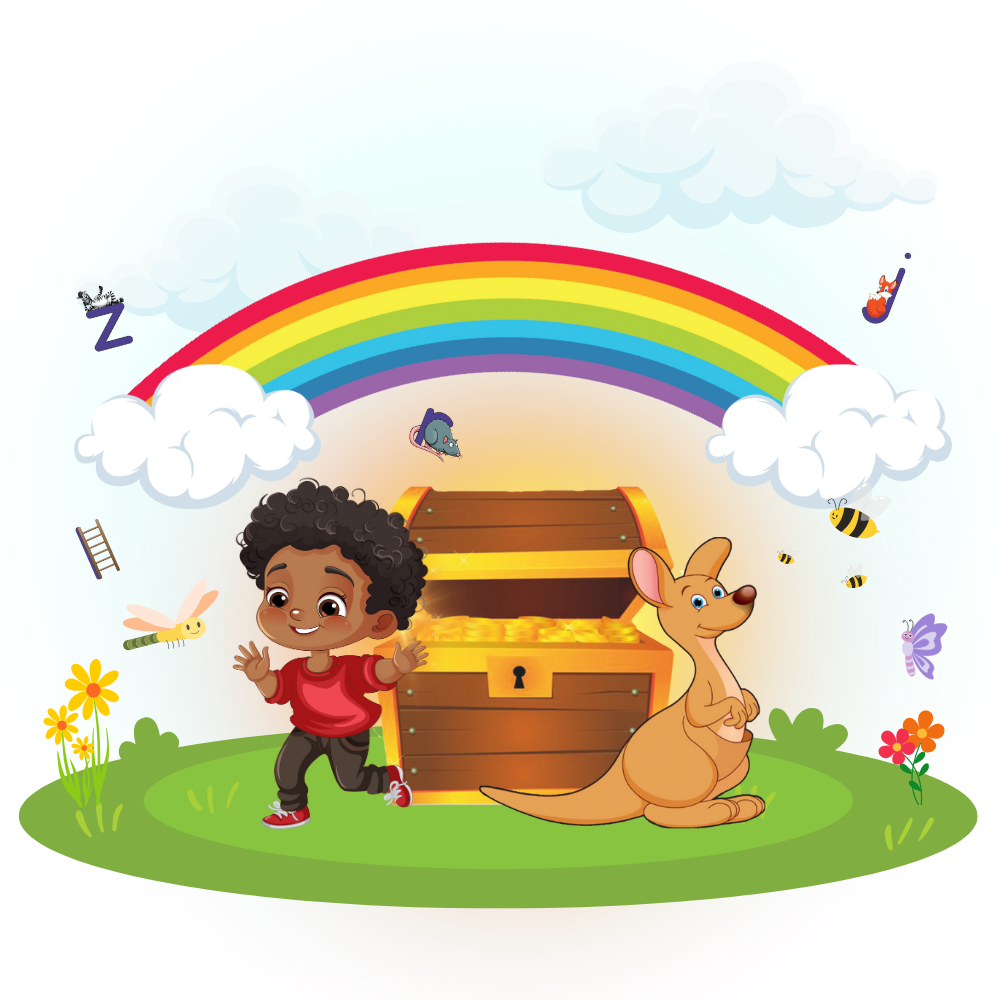 Boy running toward treasure chest under rainbow, with kangaroo and bugs in a cartoon scene.
