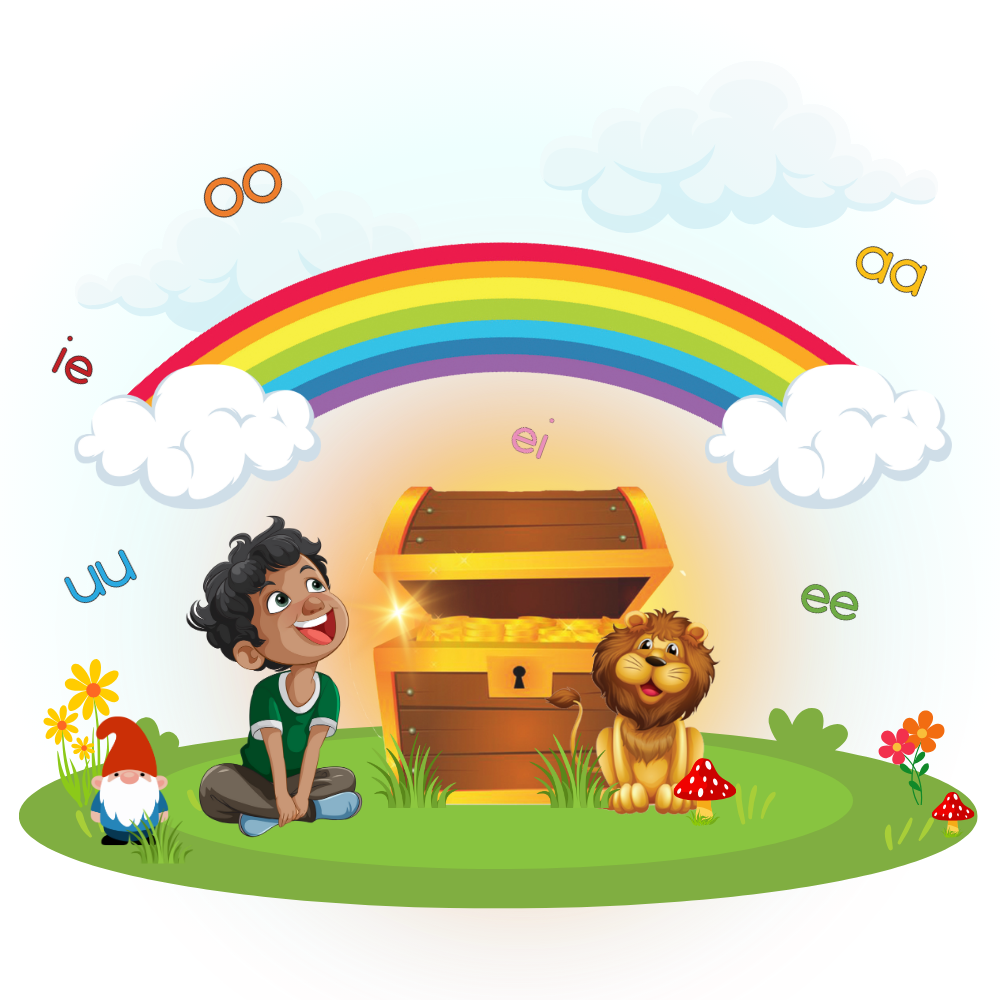 Boy and zebra by a treasure chest under a rainbow with vowel digraphs.