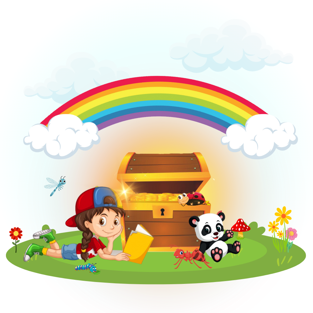 Girl reading by treasure chest under rainbow, with insects and panda.