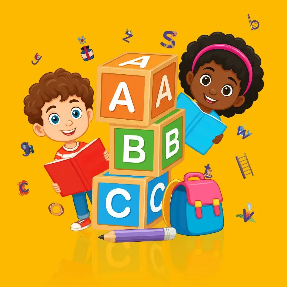 Two children reading books near alphabet blocks and a backpack. Yellow background.