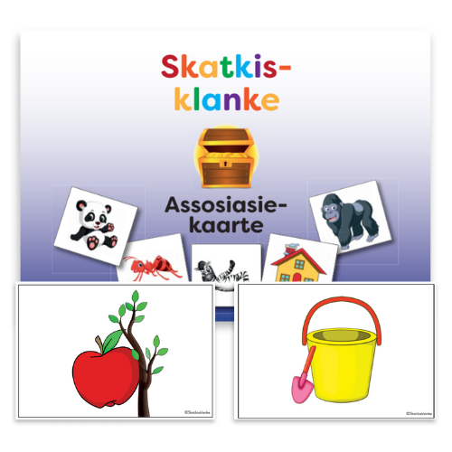 Educational poster with word association cards: panda, ant, zebra, gorilla, house, apple, bucket.