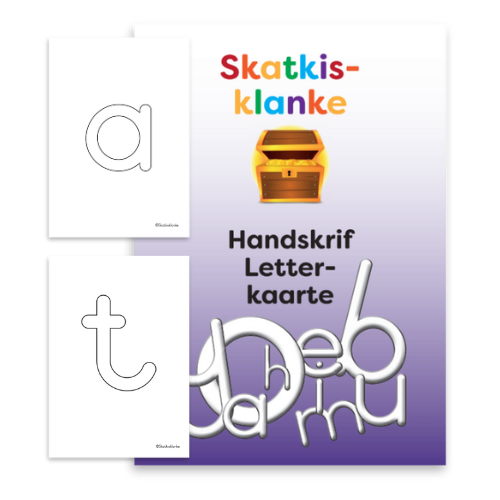 Educational cards for learning handwriting with the letters 'a' and 't' and a poster with other letters in Afrikaans.