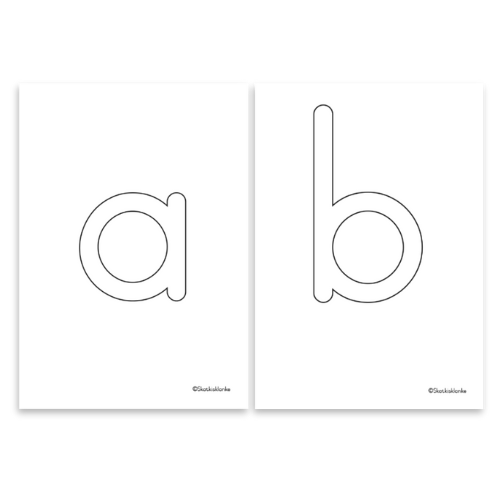 Educational cards for learning handwriting with the letters 'a' and 't' and a poster with other letters in Afrikaans.
