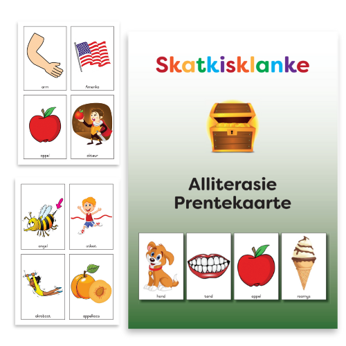 Flash cards and a book cover featuring images related to Afrikaans alliteration.