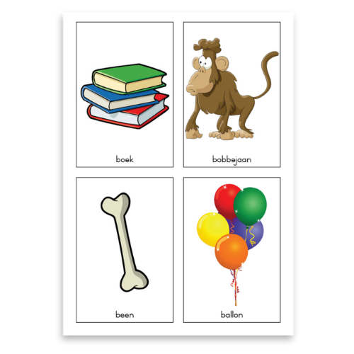Flash cards and a book cover featuring images related to Afrikaans alliteration.