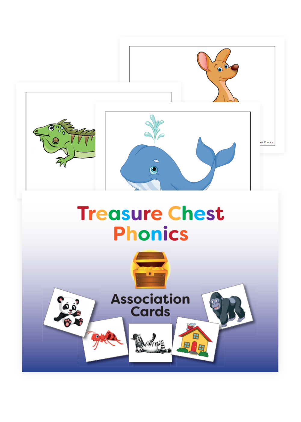 Treasure Chest Phonics Association Cards: Animal illustrations including a kangaroo, iguana, and whale.