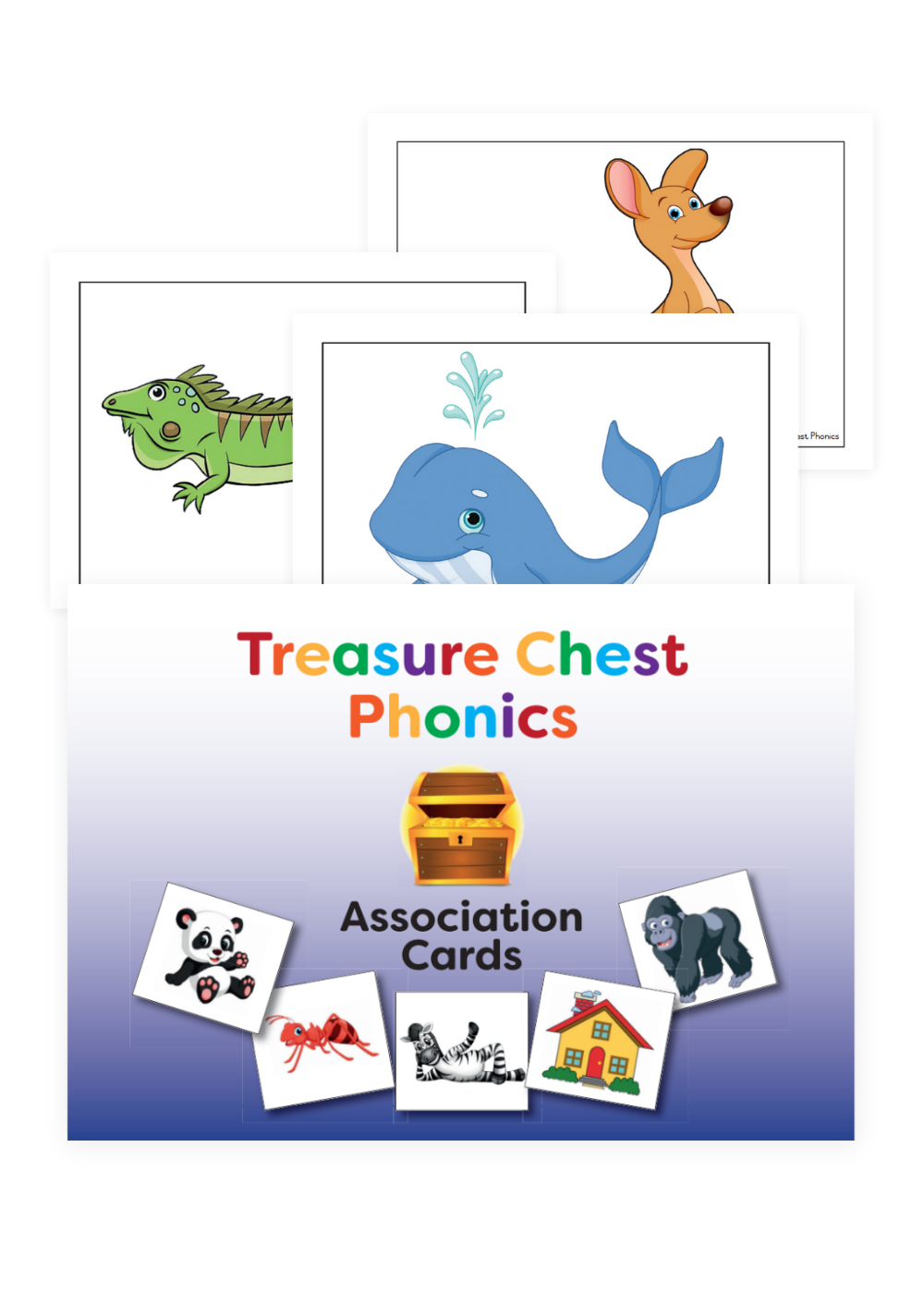 Treasure Chest Phonics association cards: animals and objects. Includes an iguana, kangaroo, and whale.