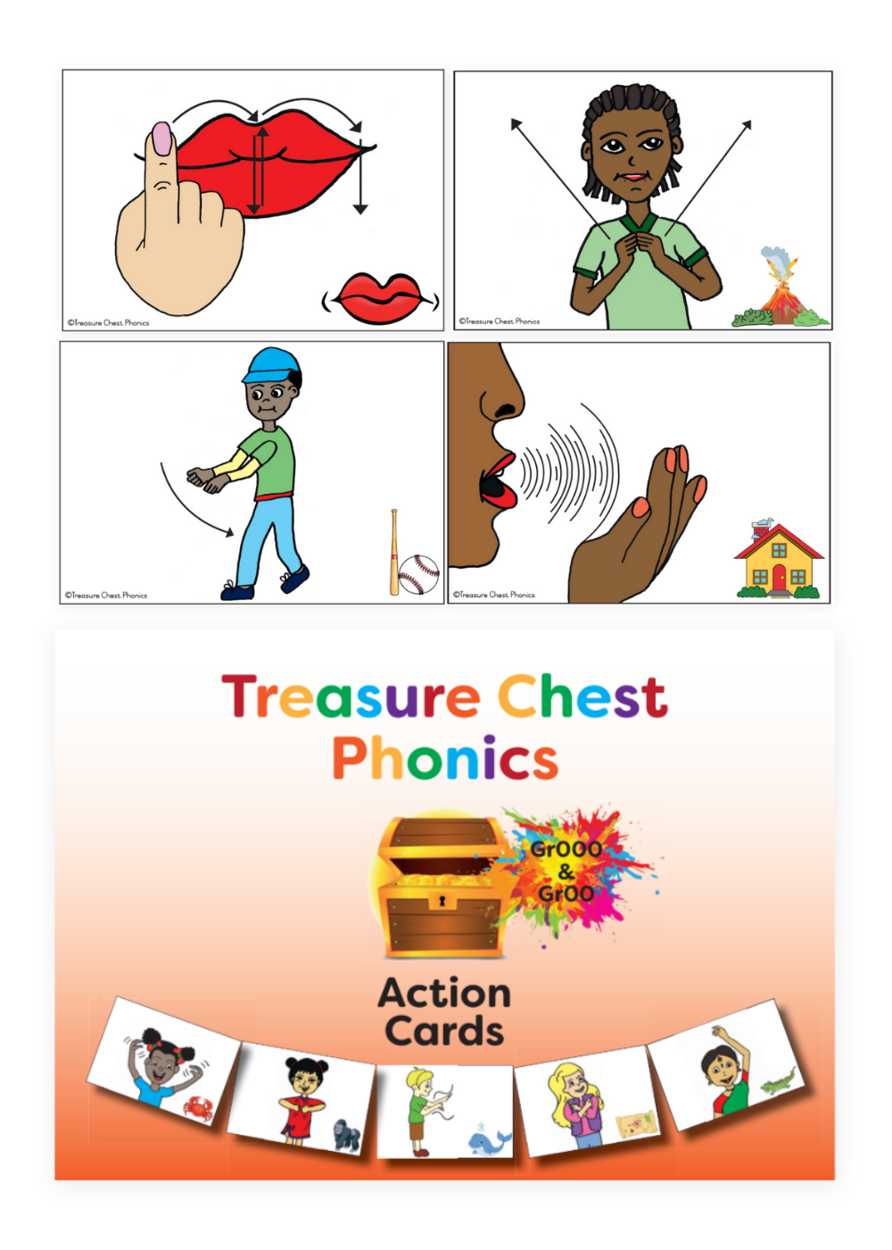 Phonics flashcards with visual action prompts for speech sounds, alongside an action card box illustration.