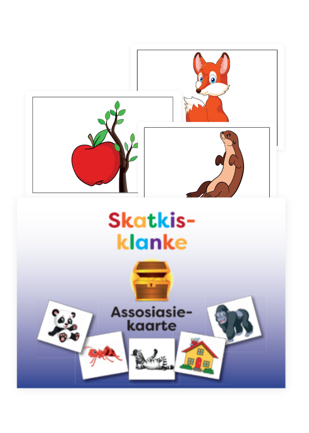 Cards of an apple, fox, and otter. Plus association cards: panda, ant, house, gorilla, vehicle.