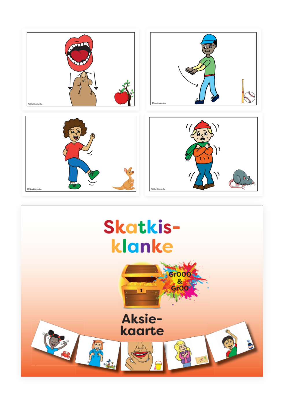 Four cartoon images with actions, plus a colorful book cover with a treasure chest and the words