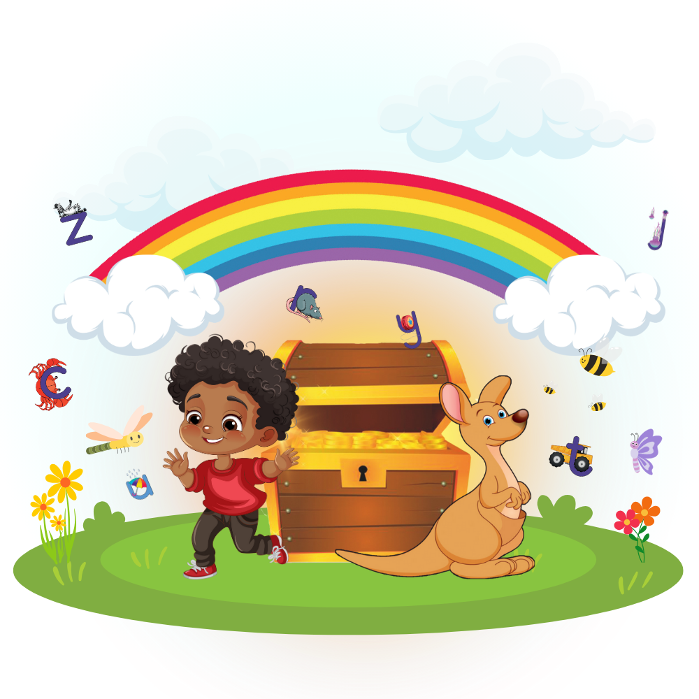 Boy runs toward treasure chest with kangaroo under rainbow.
