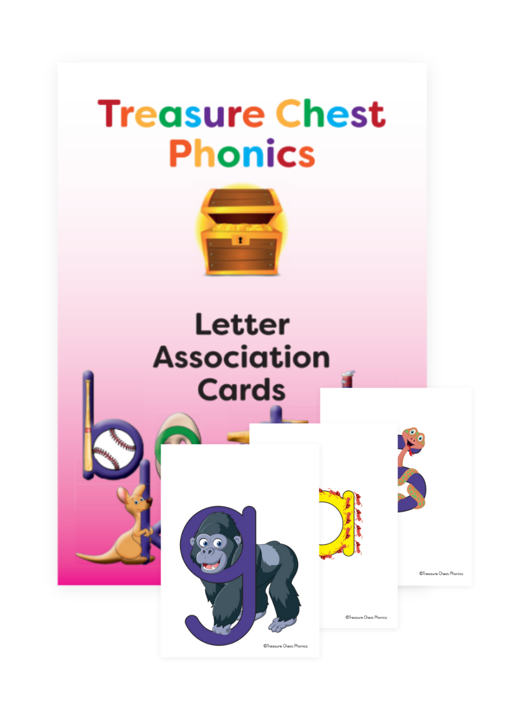 Letter association cards for phonics with a treasure chest theme.