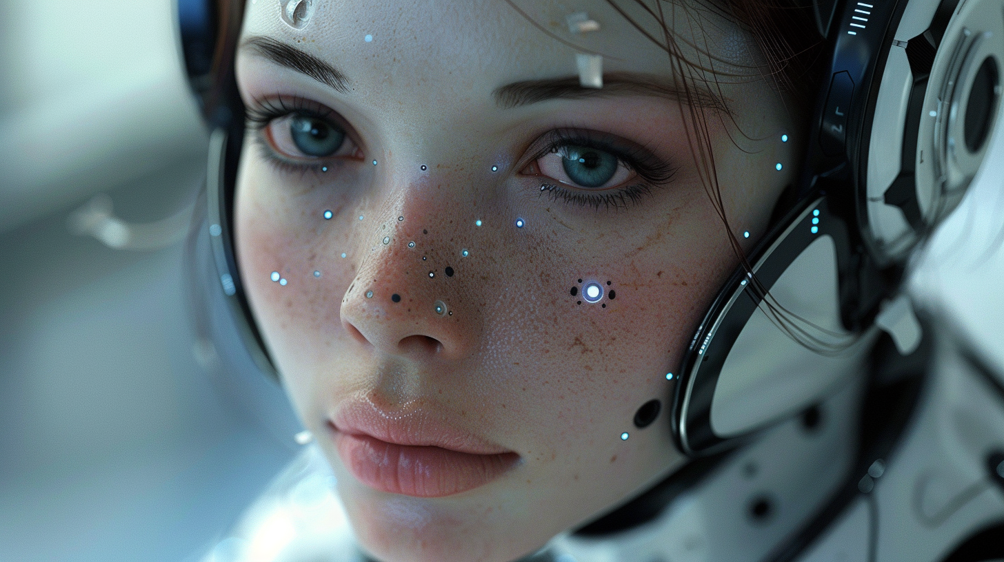 a close up of a AI woman wearing a helmet and headphones .