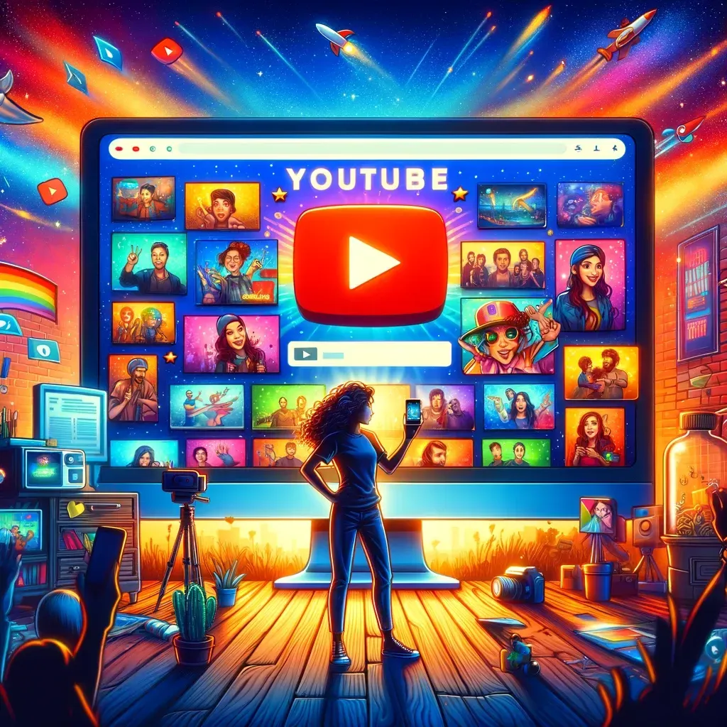 a woman is standing in front of a computer screen that says youtube