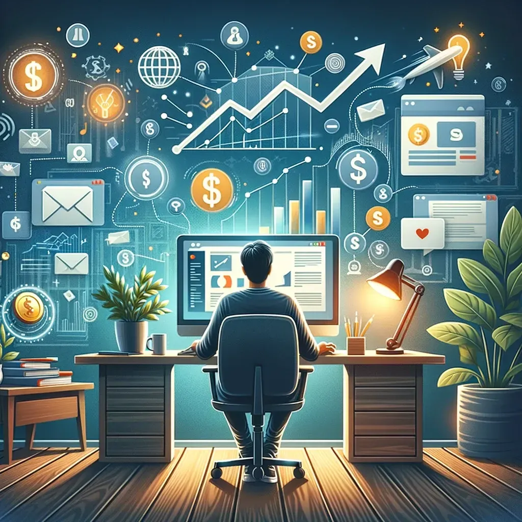 a man is sitting at a desk in front of a computer working online from home.