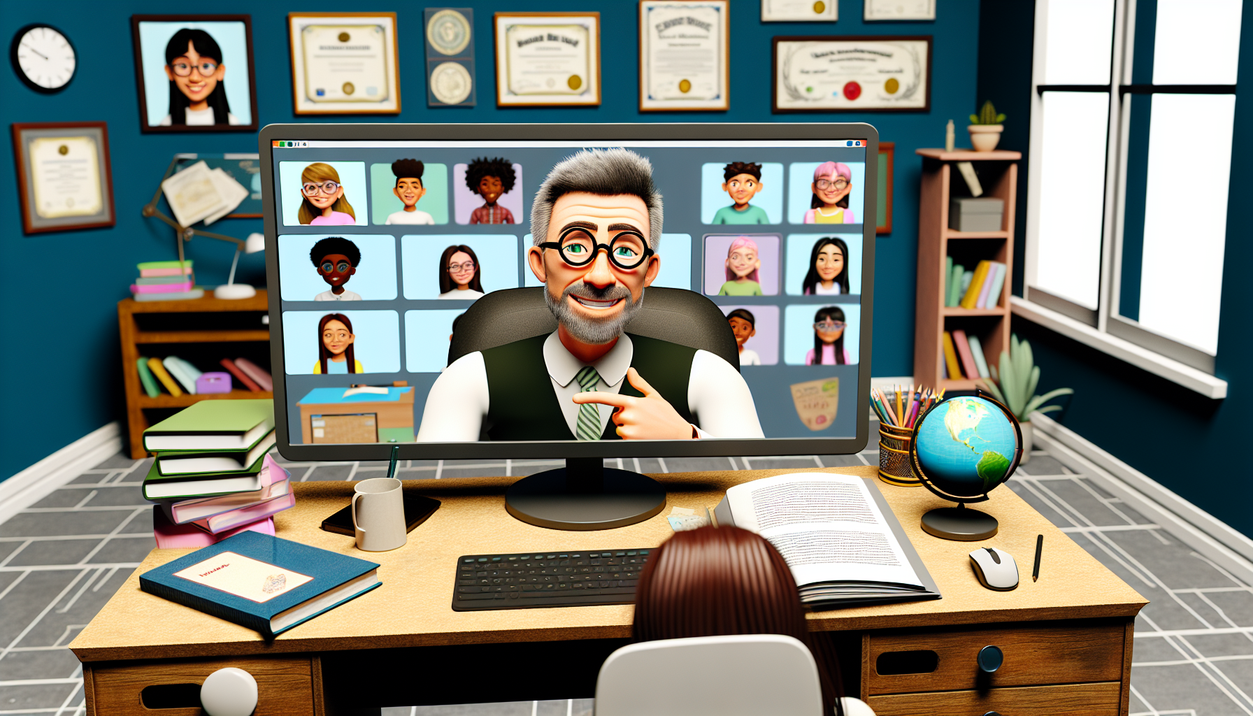 a cartoon of a teacher having a video call with his students .