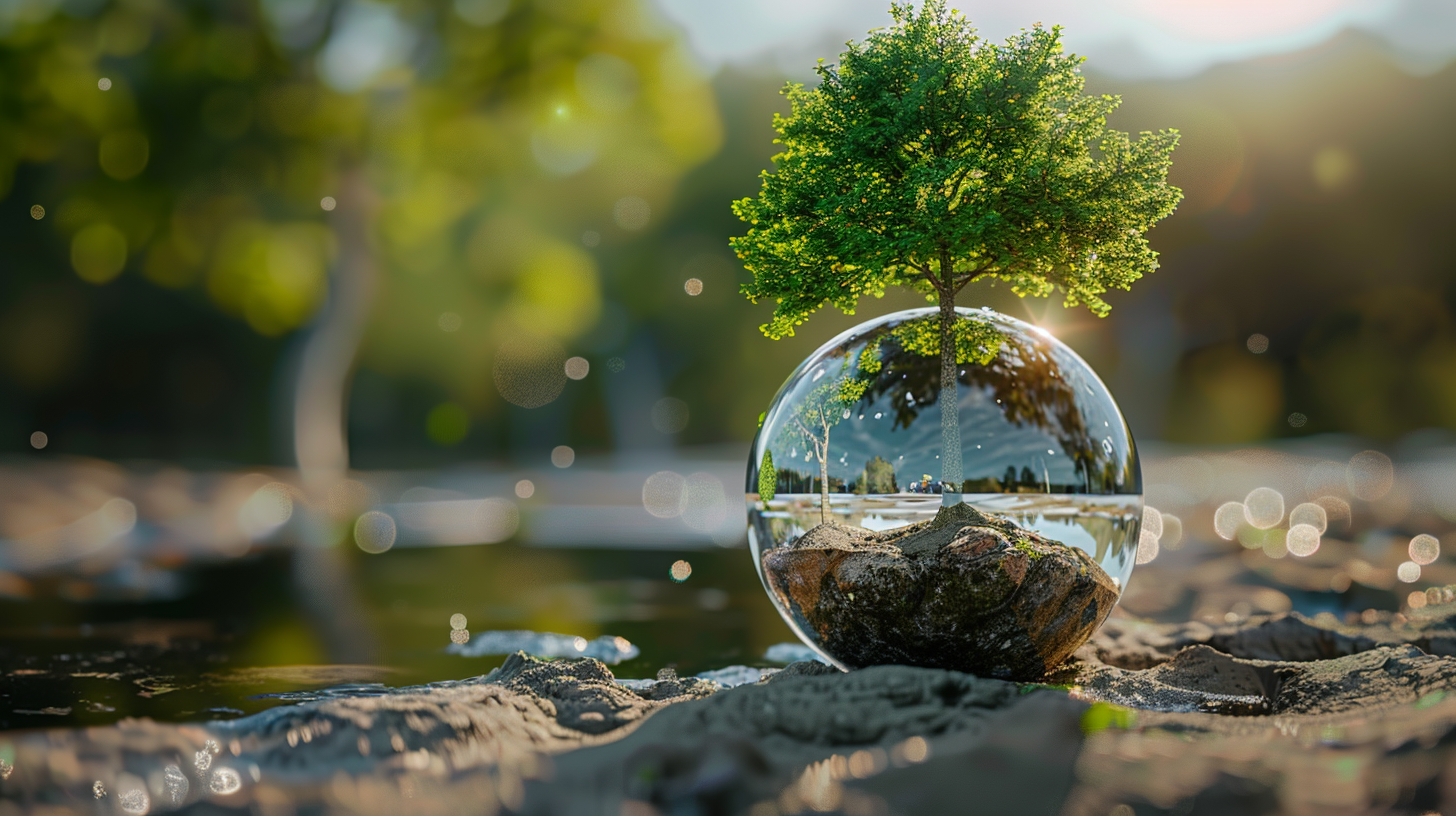 a small tree is growing out of a glass ball.