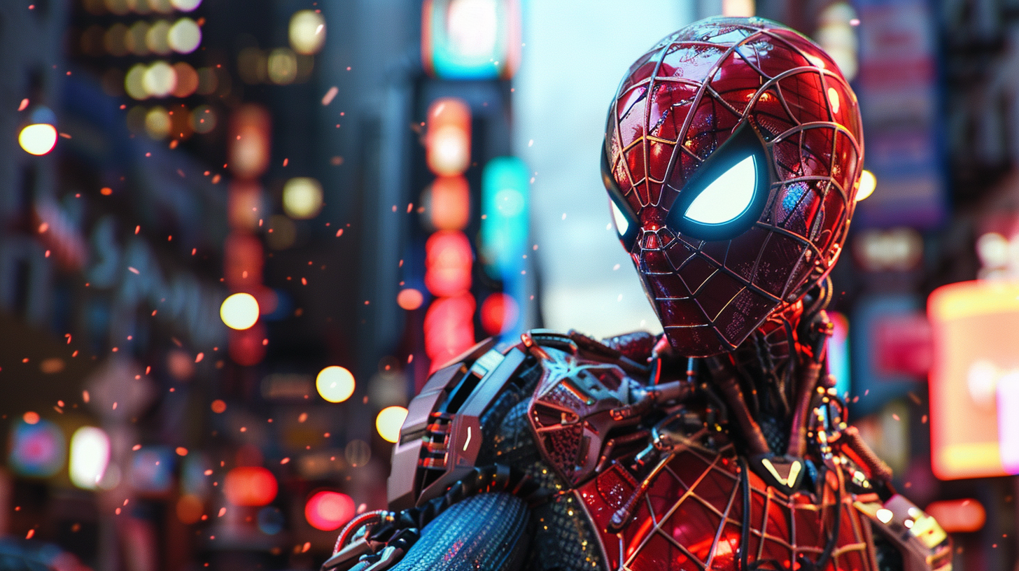 a robotic spider man is standing in a city at night .