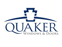 The quaker windows and doors logo is blue and white.