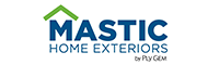 A blue and green logo for mastic home exteriors
