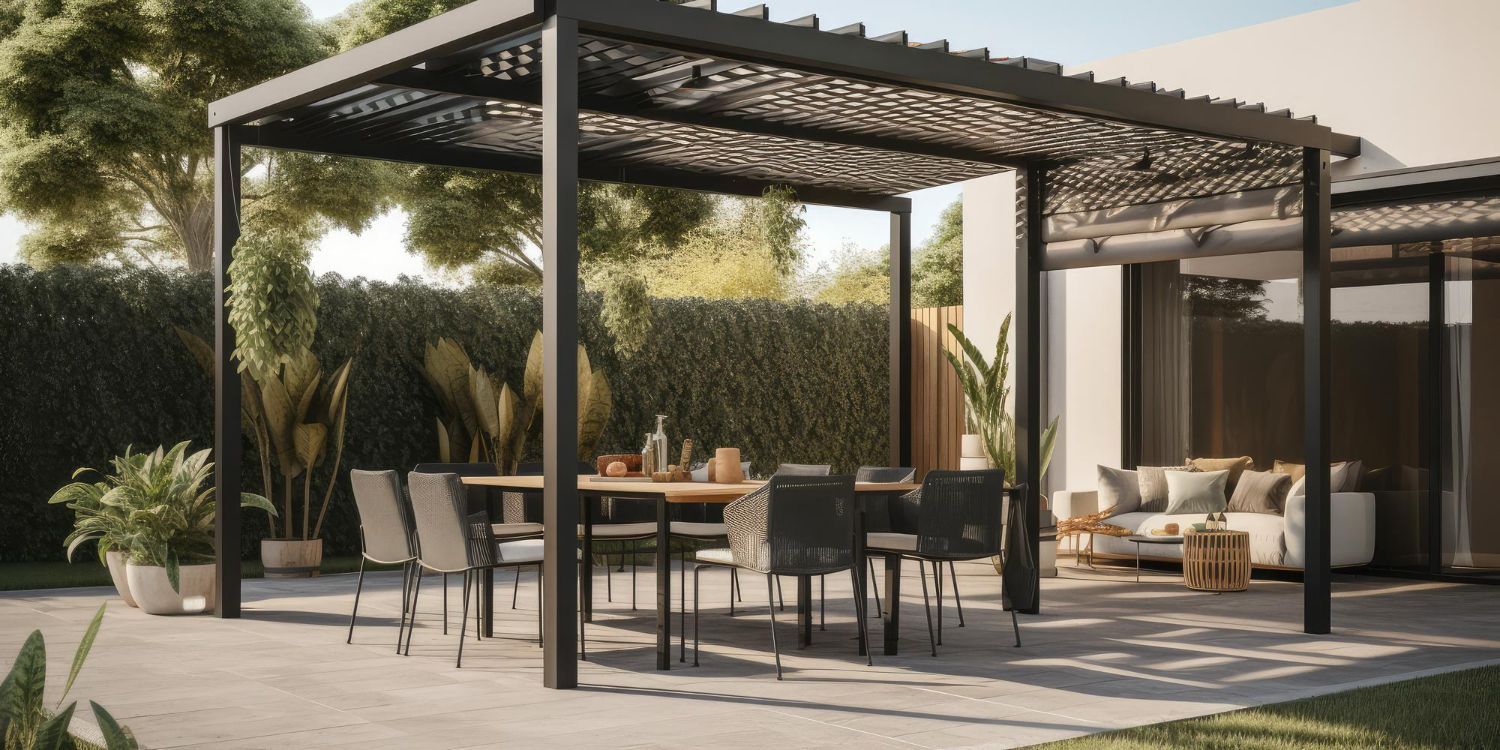 Outdoor patio with dining table and seating under a pergola.