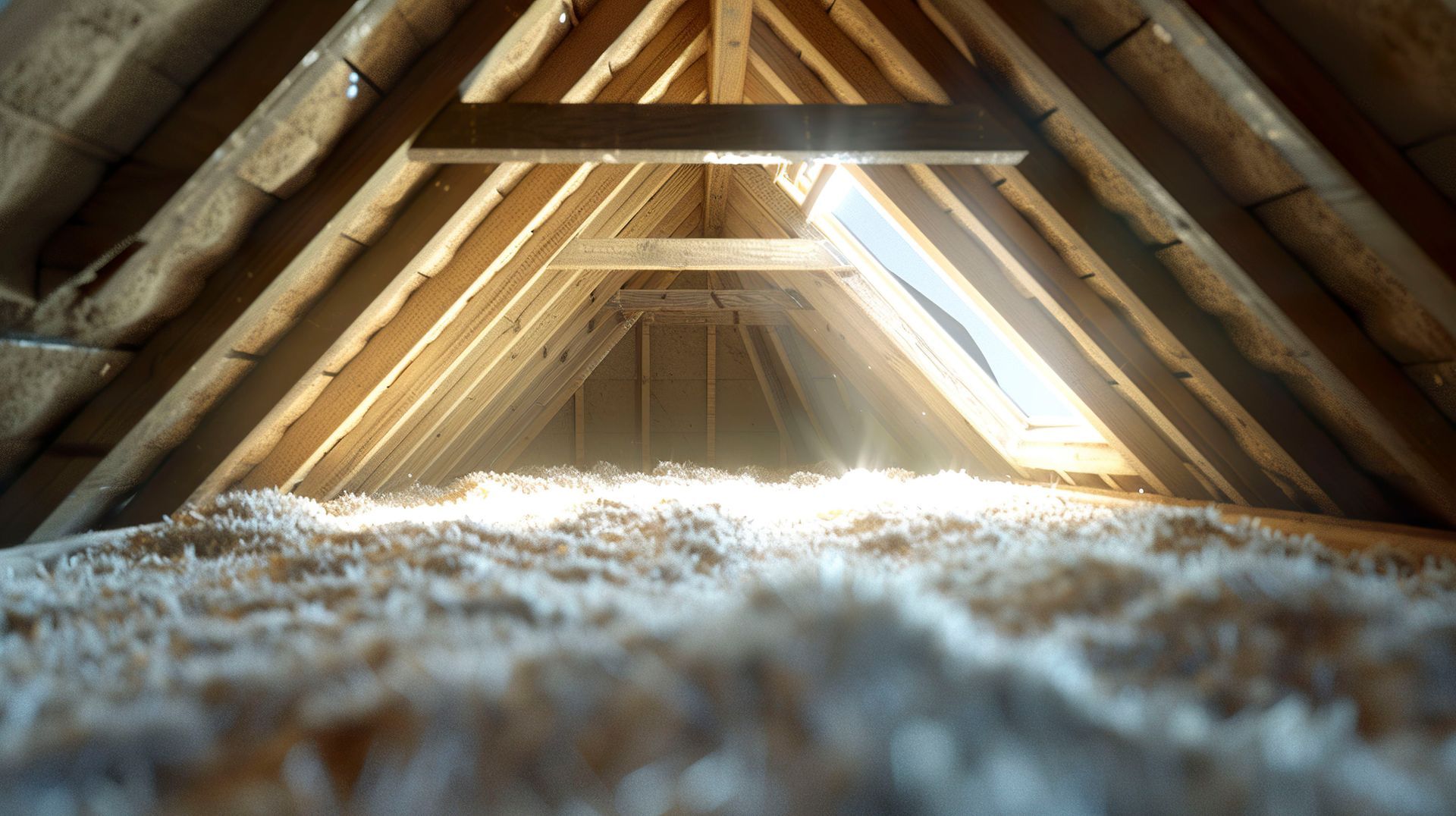 Looking up at the ceiling of an attic with a skylight.