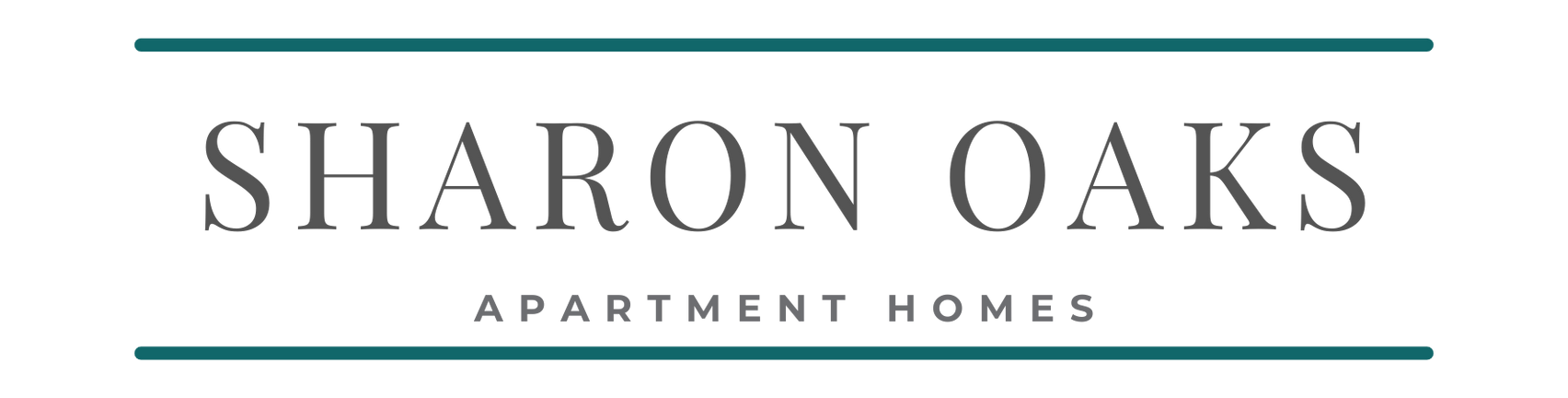 Sharon Oaks Apartment Homes logo. Teal lines frame the text: SHARON OAKS, "APARTMENT HOMES" below.