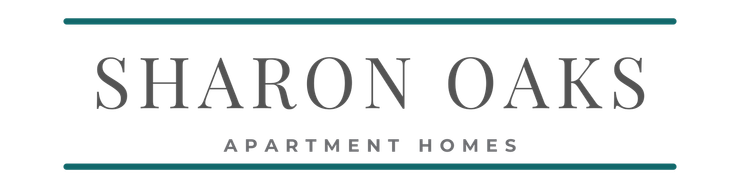 Sharon Oaks Apartment Homes logo. Teal lines frame the text: SHARON OAKS, "APARTMENT HOMES" below.