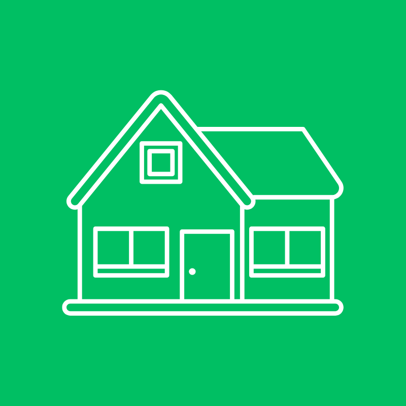 White outline of a house on a green background.