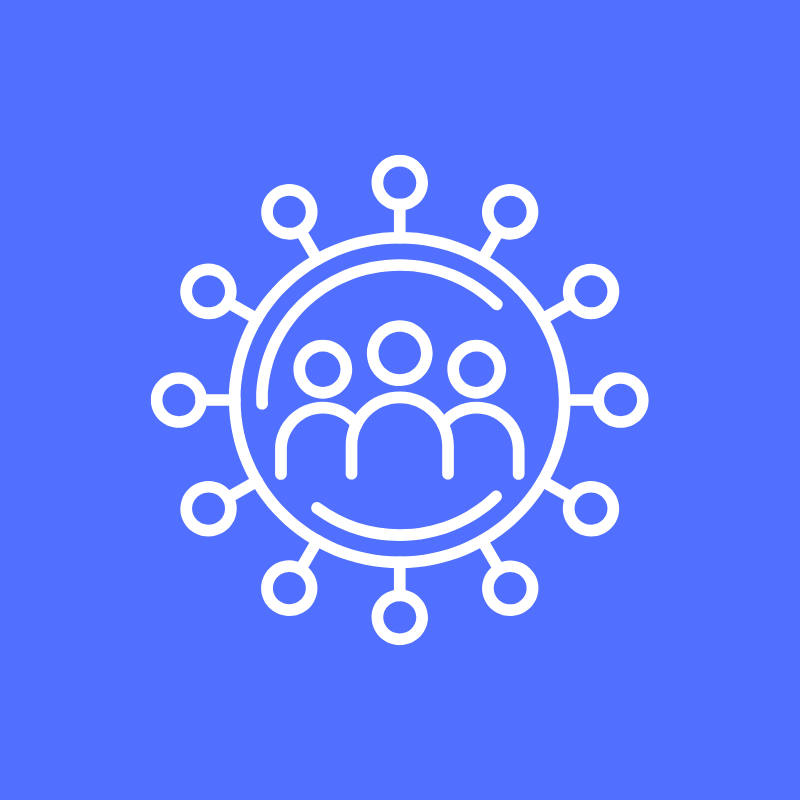 White graphic of three people inside a circle, surrounded by spikes, on blue background.