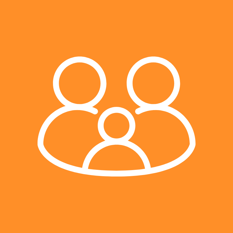 White outlined figures of two adults and a child on orange background.