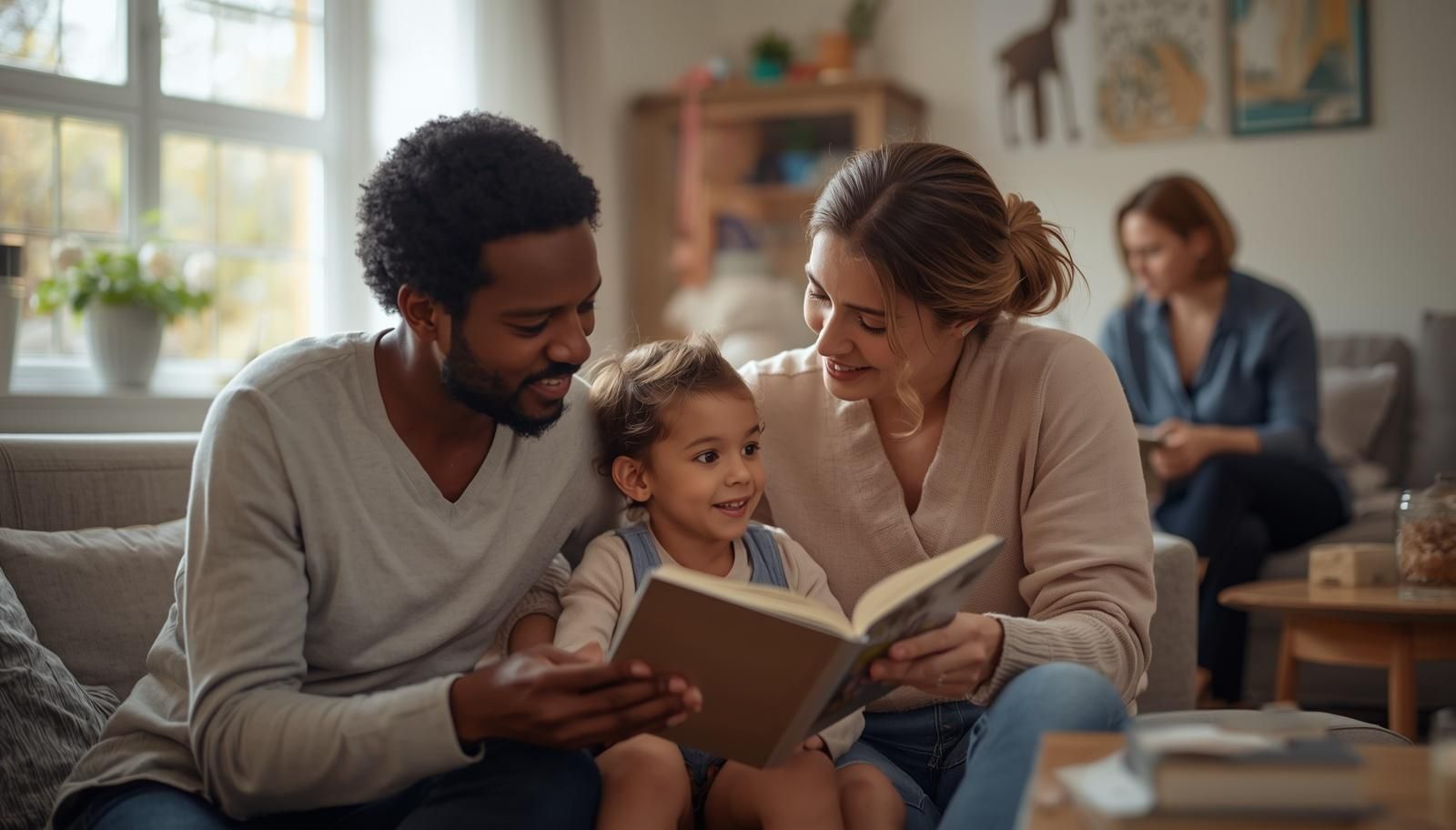 Family assessment centre scene showing parents reading with child while a family assessment worker observes interaction.