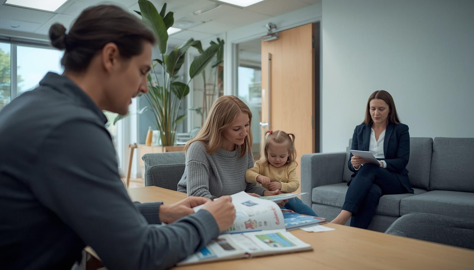 Parent and child reading together in a family assessment centre while a professional observes and takes notes
