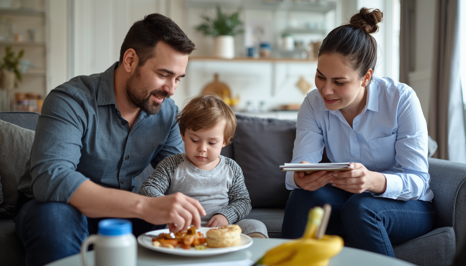 social worker observing a father feeding a child while taking notes in a calm home environment