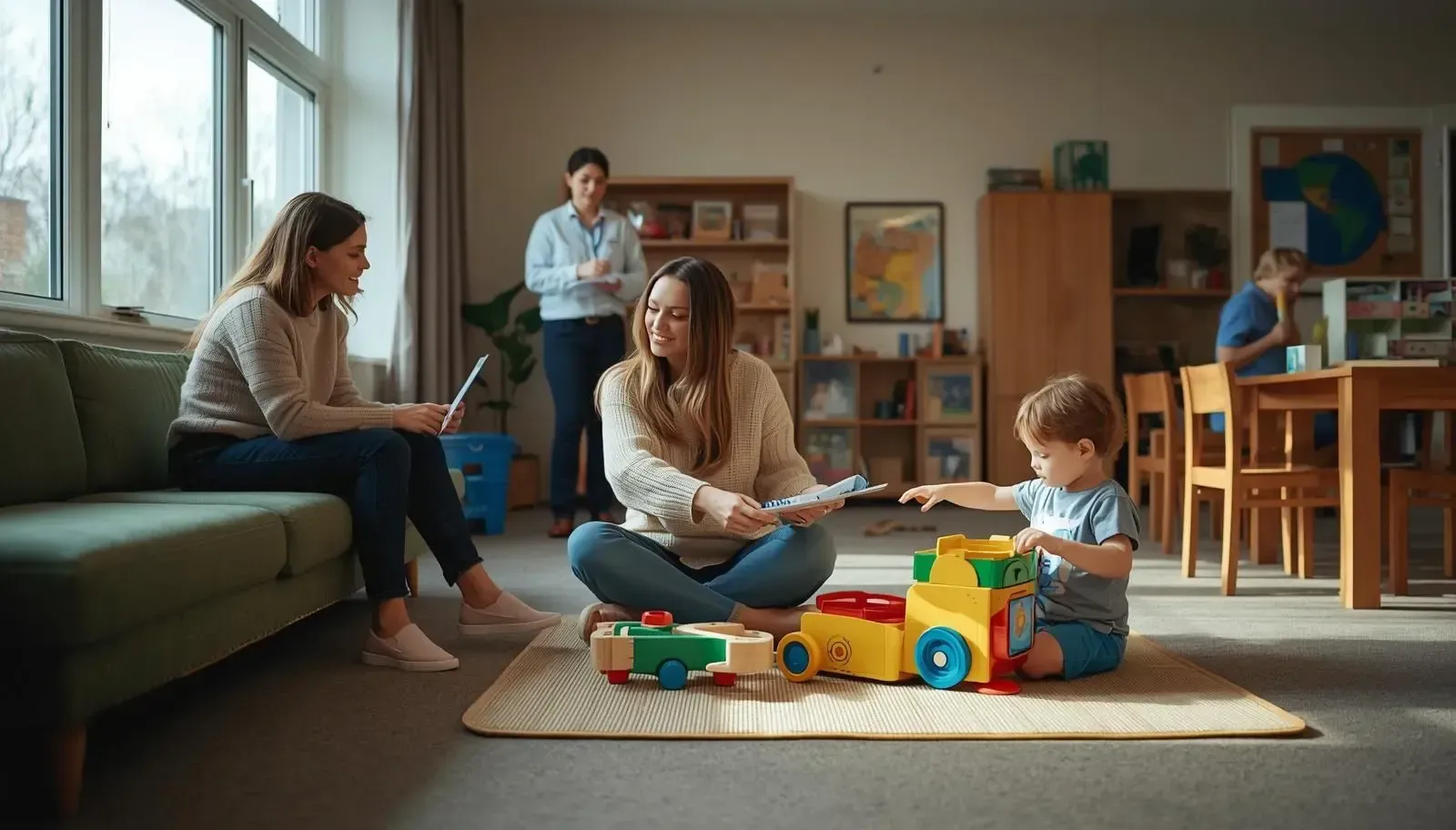A woman sits on a rug watching a young child play with colorful toy trucks in a bright room.