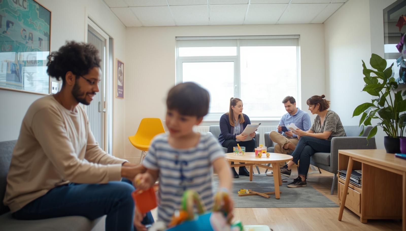 Family assessment centre setting with parent and child playing while professionals conduct a parenting assessment.